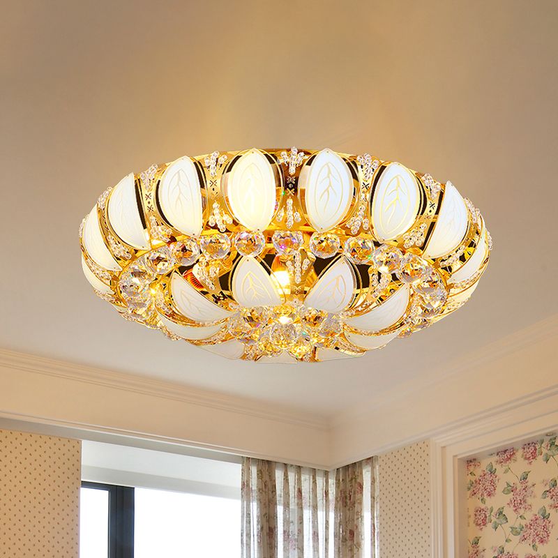 23.5 "/31.5" W Round Flush Ceiling Light Contemporary Crystal und Glas Deckenleuchte mit Blattmuster in Gold