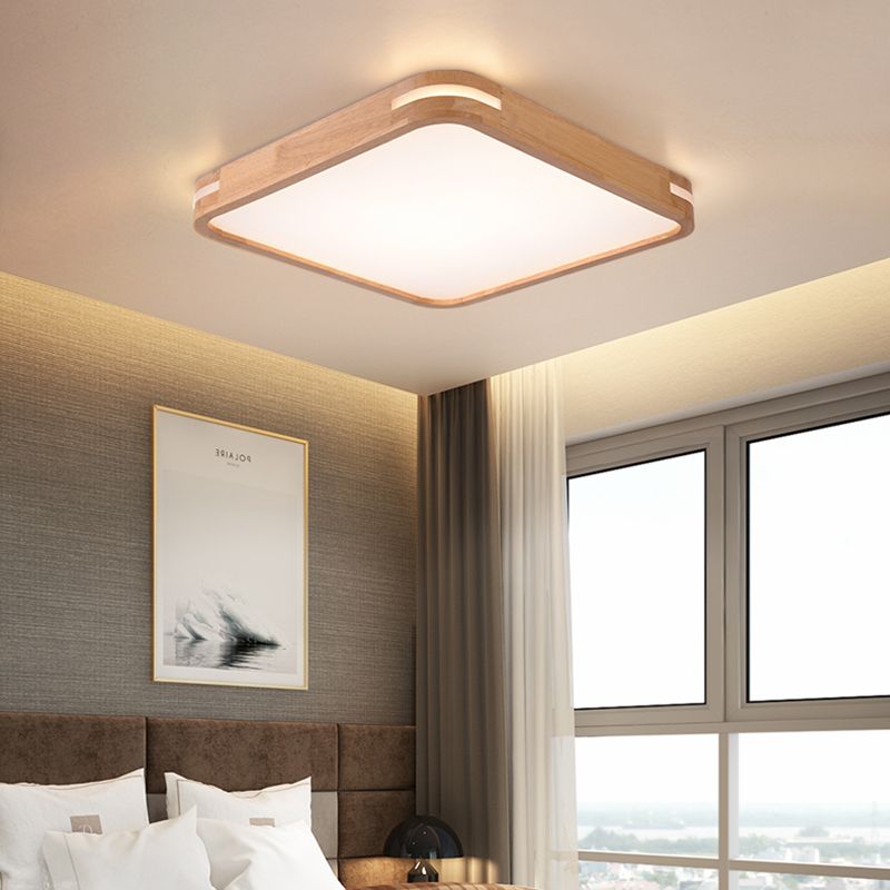 Plafonnier carré moderniste en bois beige, lampe LED à encastrer en blanc/lumière chaude/naturelle, 12"/16"/19,5"/23,5" de large