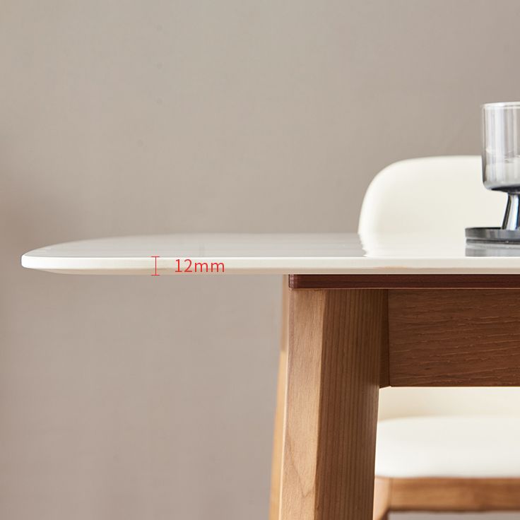 Mesa moderna de mediados de siglo de madera maciza, mesa rectangular de piedra sinterizada blanca