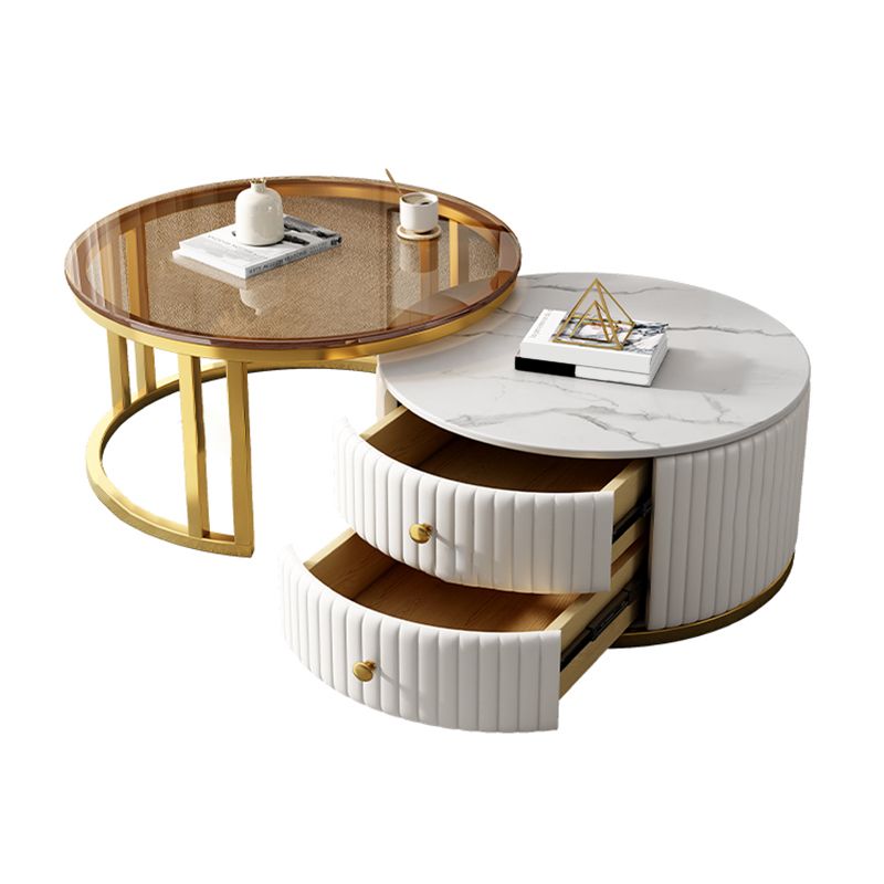 Modern Coffee Cocktail Table Round Glass / Slate Coffee Table with 2 Drawers