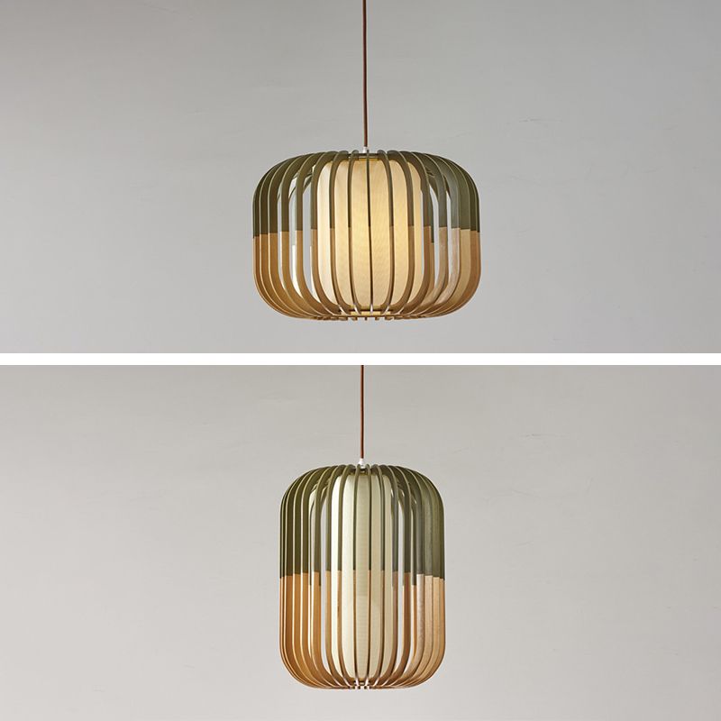 Green Color-Block Lantern Pendant Lamp Modern 1 Head Wooden Hanging Light for Dining Room