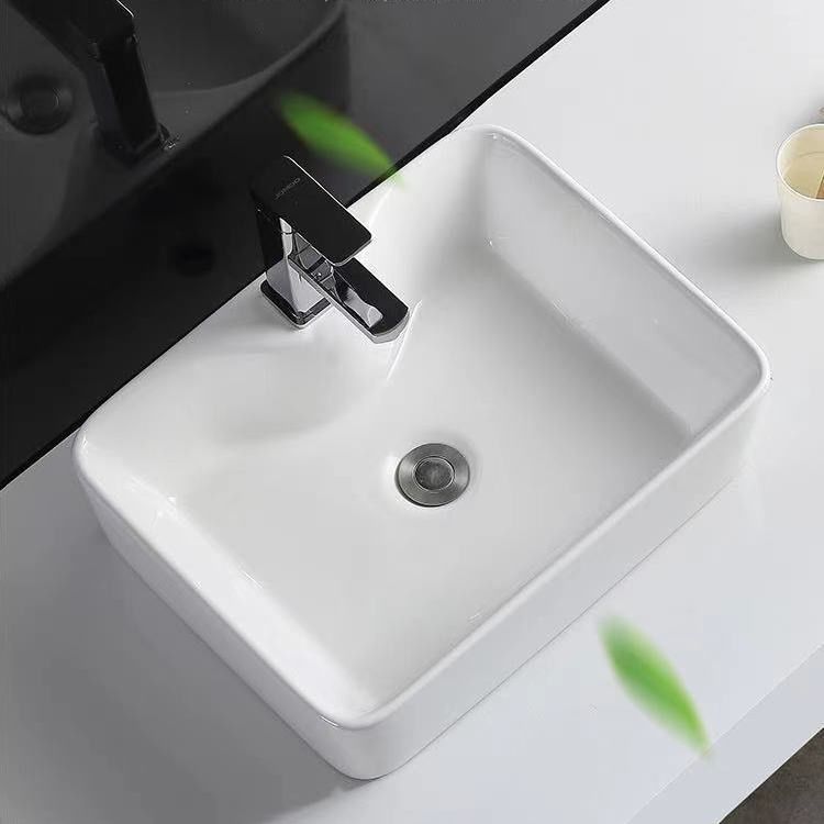 Contemporary Bathroom Sink Porcelain Rectangular Vessel Sink with Pop-Up Drain