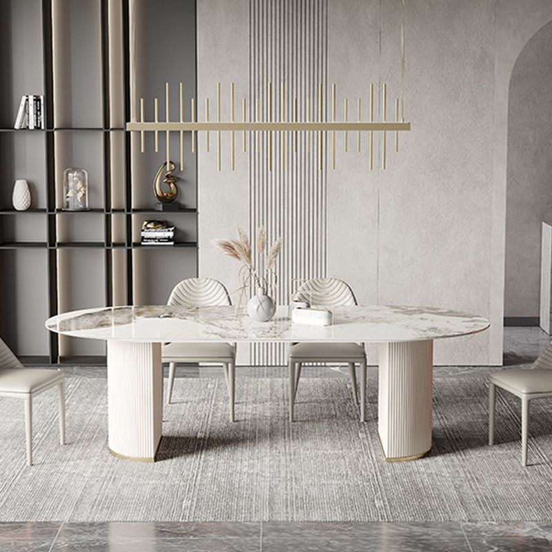 Modern Double Pedestal Table Oval Dining Table with Steel Base