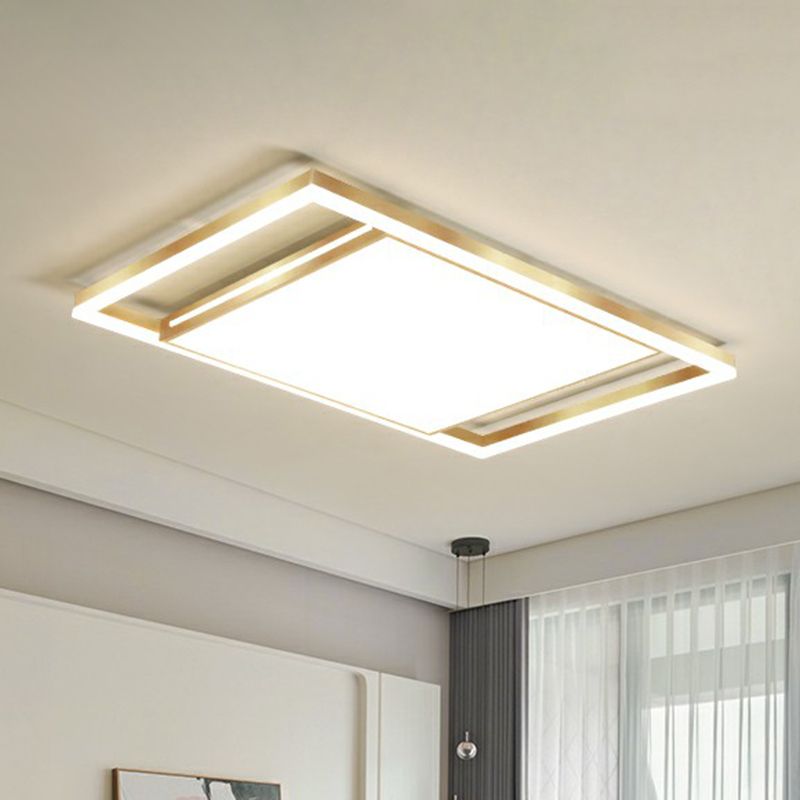 Living Room Ceiling Mounted Fixture Simple Gold Finish Flushmount Light with Rectangle Acrylic Shade