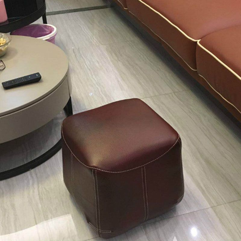 Mid-Century Modern Ottoman Genuine Leather Upholstered Solid Color Square Ottoman
