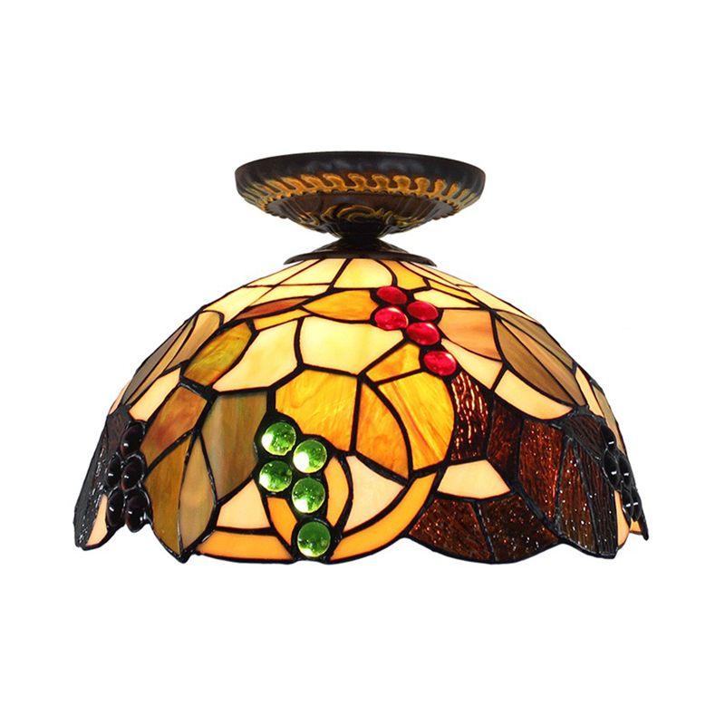 1 Light Grape Ceiling Lighting Tiffany Brass Stained Glass Flush Mount Light, 12"/16" W