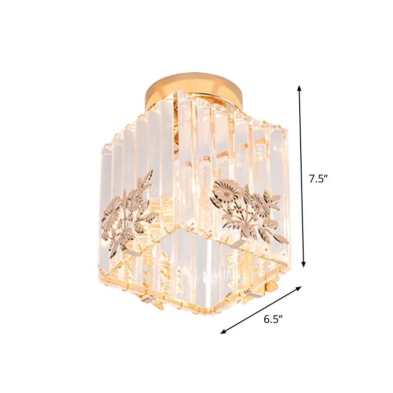 Cube Shape Semi Flush Light Fixture Nordic 1-Bulb Carved Crystal Ceiling Mounted Light in Gold
