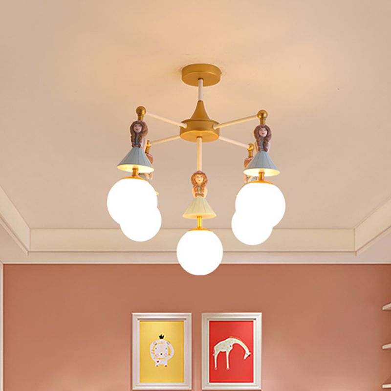 Child Bedroom Little Girls Chandelier with Globe Shade Wood 5 Lights Kids Pendant Light
