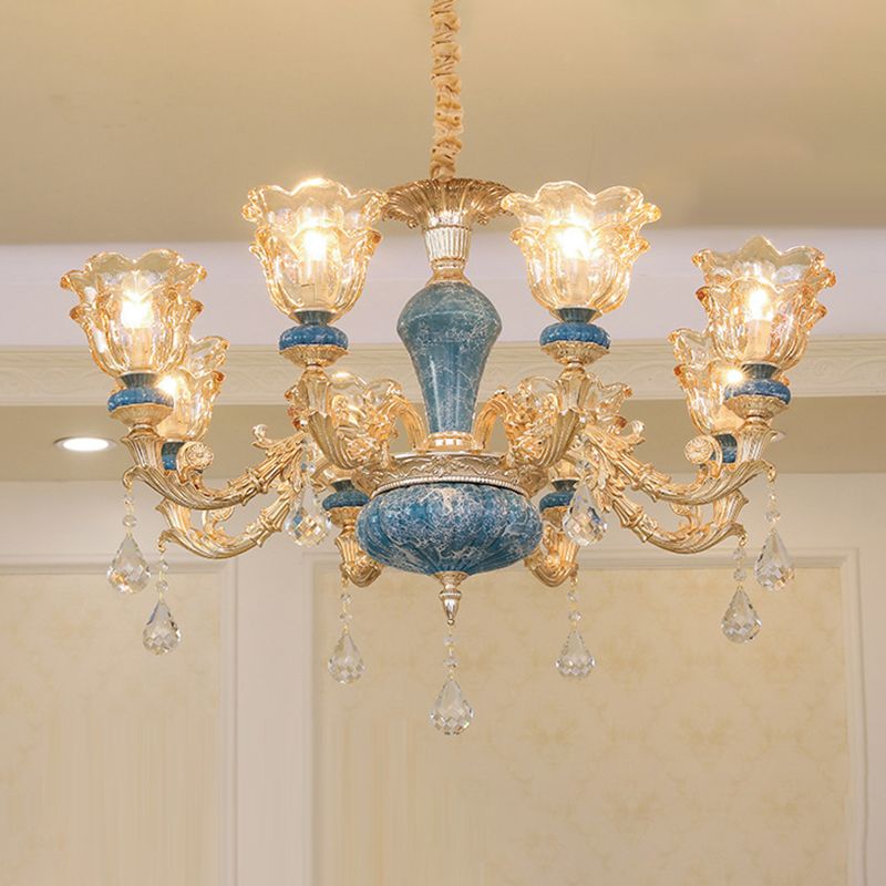 Ruffled Edge Living Room Chandelier Light Retro Handblown Glass Gold Pendant Light Fixture with Crystal Draping