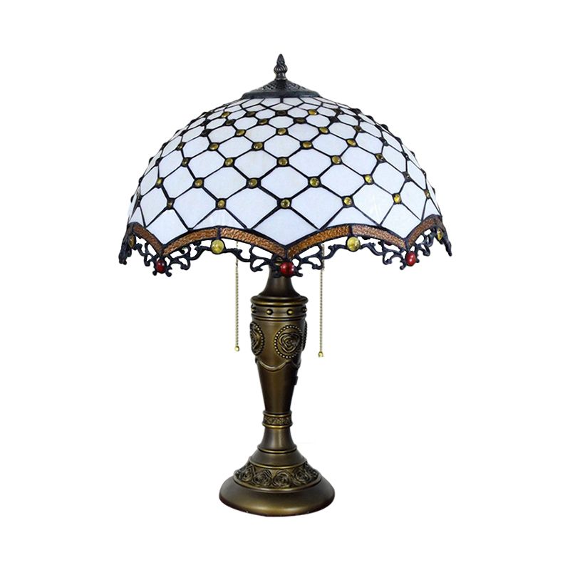 White Glass Fishscale Table Light Baroque Style 2 Lights Bronze Night Lamp with Pull Chain for Sitting Room