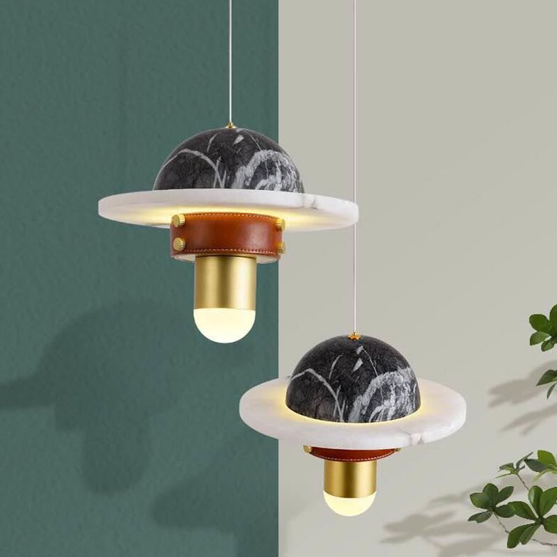 Novelty Postmodern UFO Shaped Pendant Light Marble Bedside LED Hanging Lamp in Gold