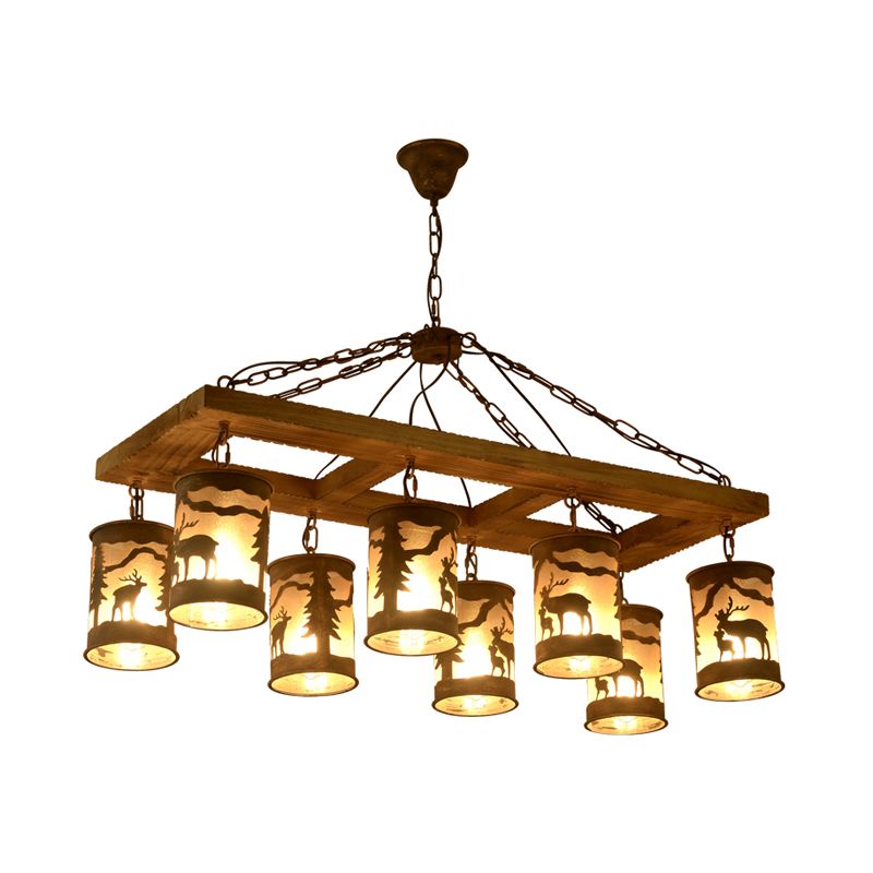 8 Lights Ceiling Light Country Style Linear Wood and Metal Hanging Chandelier in Bronze