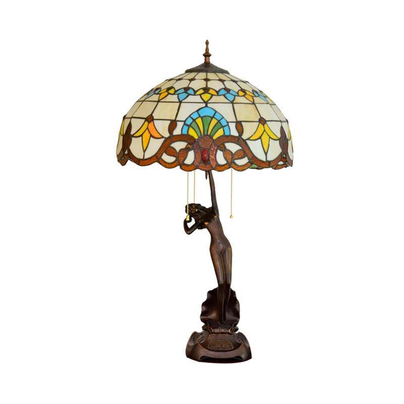 3-Head Nightstand Lamp Mediterranean Spikelet Beige/Teardrop-Edge Blue and White/Flower Blue and Brown Glass Table Light with Pulling Chain