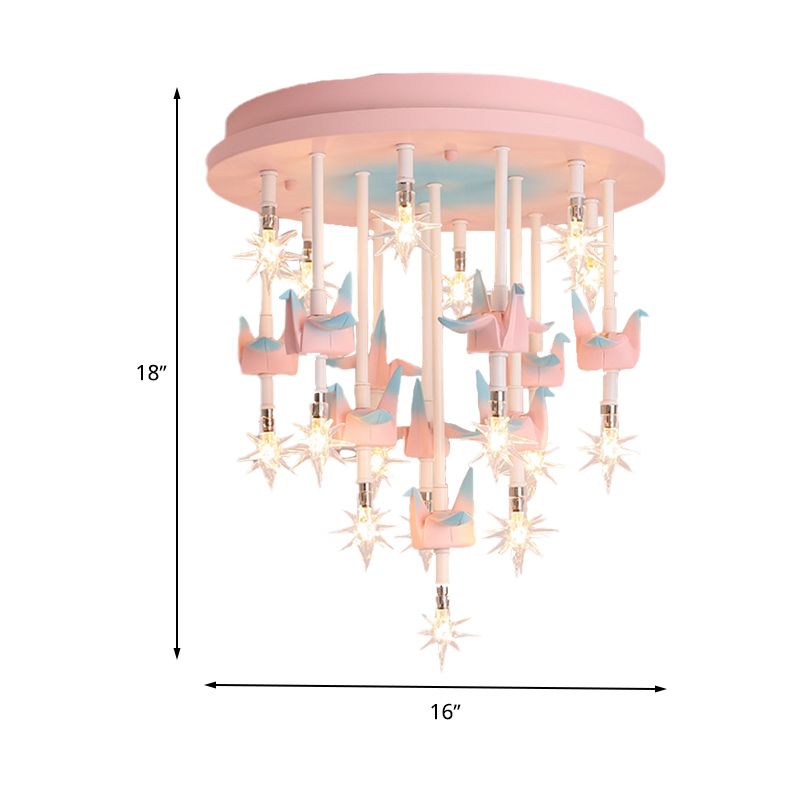 Resin Horse/Bird/Crane Ceiling Light Fixture Kids 13/16 Lights Blue/Pink Flush Mount Lighting with Clear Glass Shade