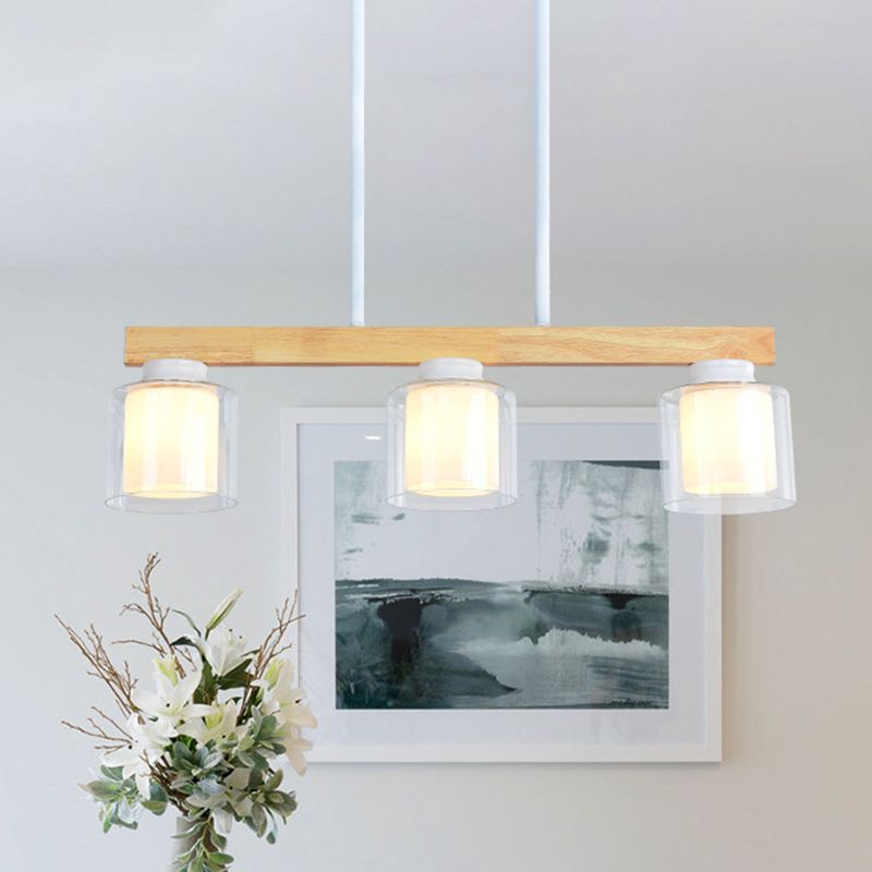 Double Glass Cylinder Shade Island Lighting Restaurant 3/4-Head Nordic Wooden Linear Pendant in White