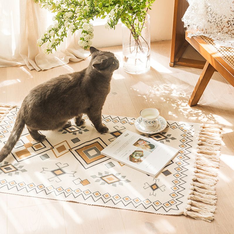 Moroccan Bedroom Rug Multi Colored Tribal Symbols Carpet Cotton Blend Pet Friendly Environmental Area Rug with Tassel