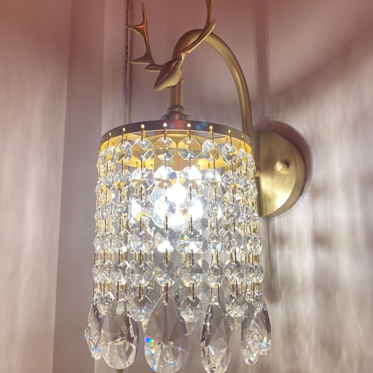 Copper Gold Wall Sconce in Modern Artistic Style Crystal 1-Light Wall Light with Antler Decoration