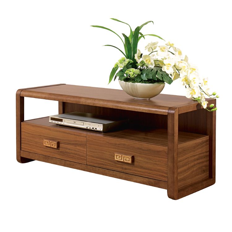 Brown Rubber Wood TV Stand Contemporary Style TV Cabinet with 2 Drawers