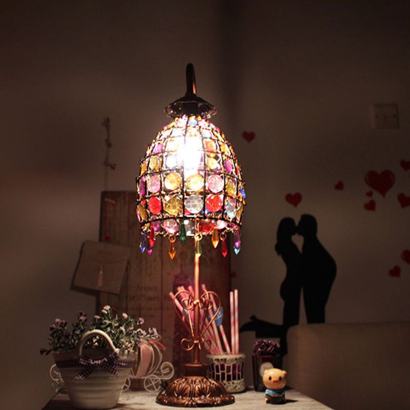 Tavolo da letto a collo di lavoro luce bohémien acrilica a 1-bulba lampada da comodino con sfumatura a campana perline