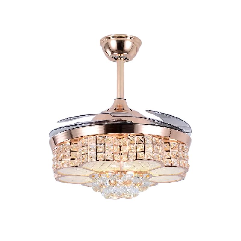 19 "W LED Parlor Semi Flush Mount Simple Rose Gold 4-blade hangende ventilatorlicht met bloemen kristalblokt tint