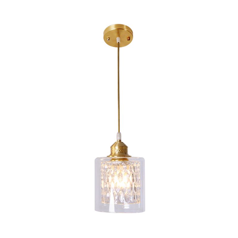 Modern 1 Light Pendant Light with Double Clear Glass Shade Brass Cylinder Hanging Ceiling Light