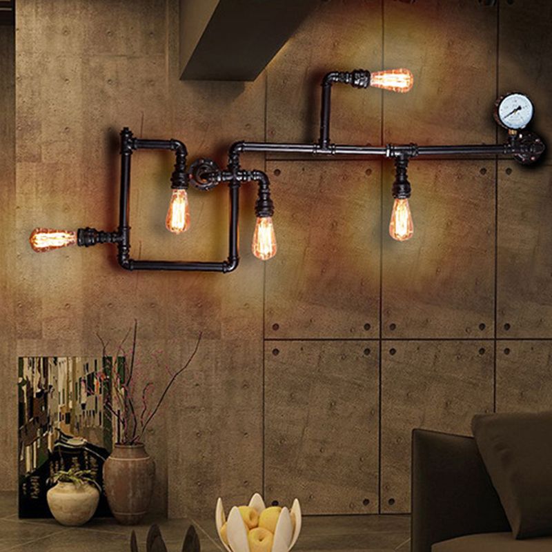 Metalen doolhof ontwerp SCONCE Licht met waterpijp industrieel 5-licht restaurant wandlamp in het zwart