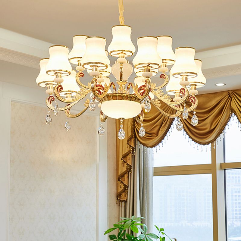 White Glass Bud Ceiling Lighting Traditional Living Room Chandelier Light Fixture with Crystal Draping