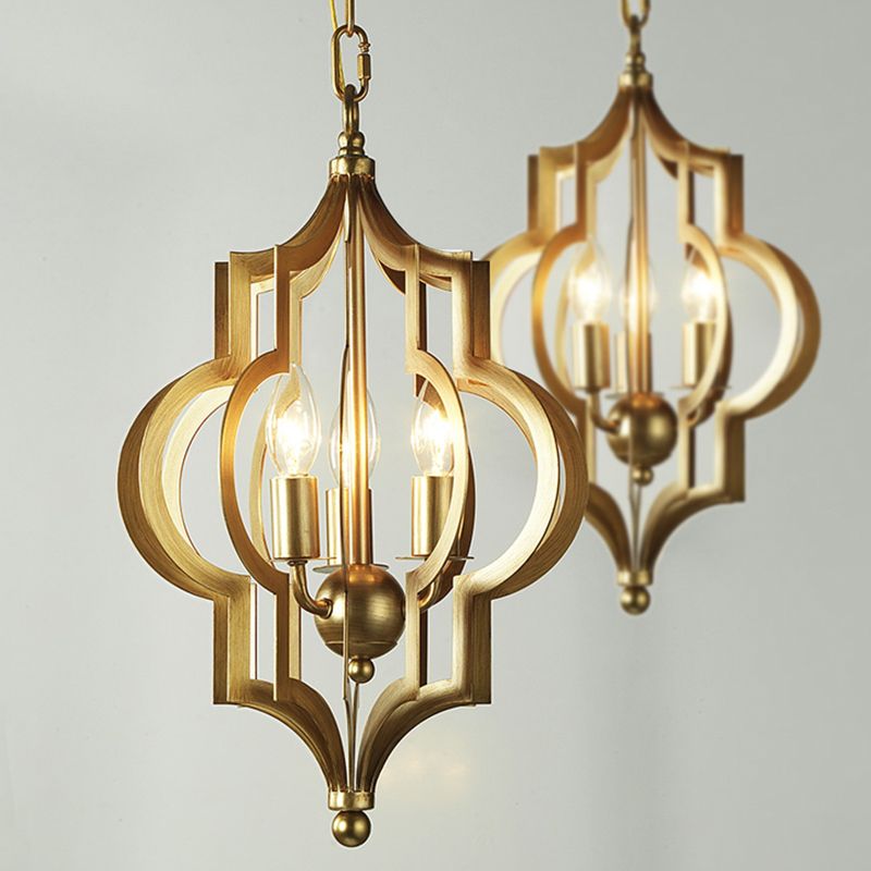 3 Bulbs Candle Chandelier Light Traditional Gold Metal Hanging Ceiling Fixture for Dining Room with Cage, 12.5"/28" Wide