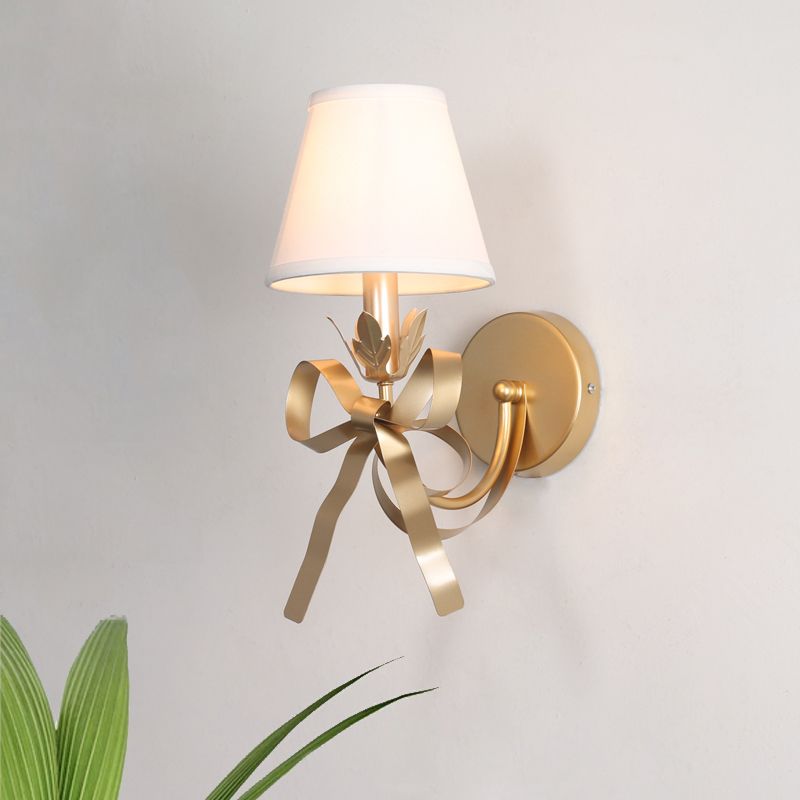 Gold Swag Sconce Lighting Contemporary 1 Bulb Metal Wall Mounted Lamp with Ribbon Decor and Fabric Lampshade