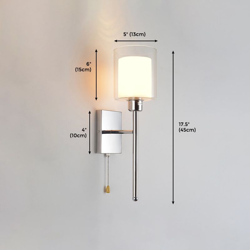 Lumière murale du modernisme à 1 lumière, conception de la torche avec finition dorée / chromée, nuance en verre en forme de cylindre