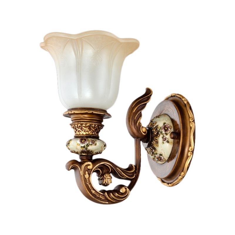 1/2-Light Wall Sconce with Floral Shade Cream Glass Traditional Bedroom Wall Mounted Lamp in Brown