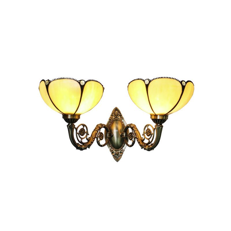 2 Heads Bedside Wall Light Fixture Baroque Bronze Surface Wall Sconce with Scalloped Beige Glass Shade