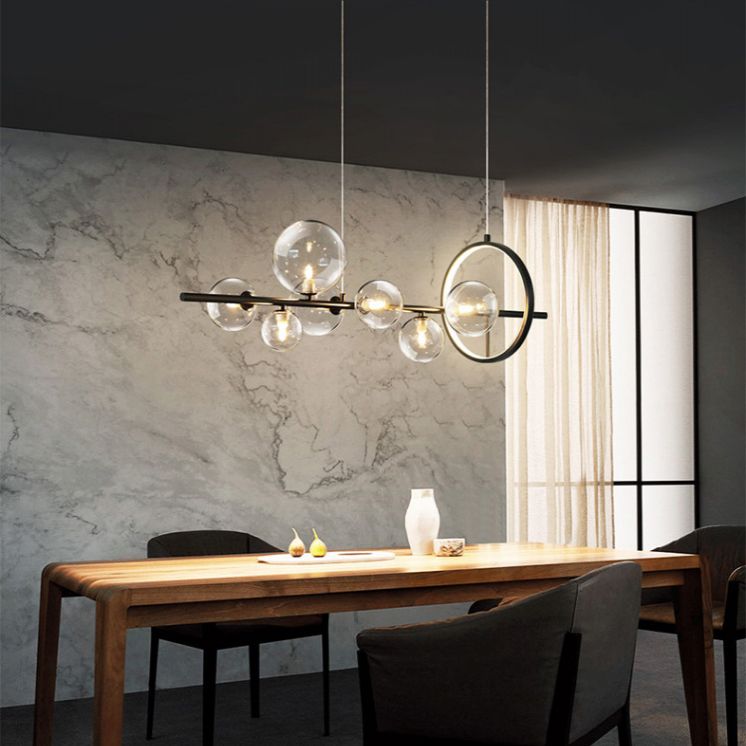 Modern Minimalism Black Linear Island Pendant Lighting Sphere Glass Island Ceiling Light for Living Room