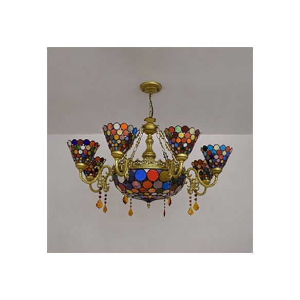 Stained Glass Cone Chandelier Light Rustic 11 Lights Inverted Chandelier with Colorful Circle Pattern