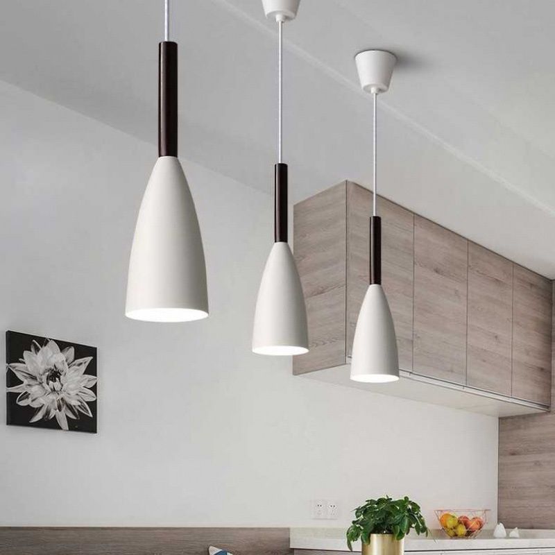 Modern Concise Macaron Pendant Light Wooden Cone Hanging Lamp with Wrought Iron Shade