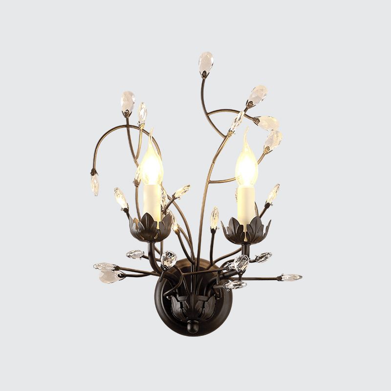 2-Bulb Candlestick Wall Light Fixture Minimalism Black Crystal Sconce Lamp with Branching Design