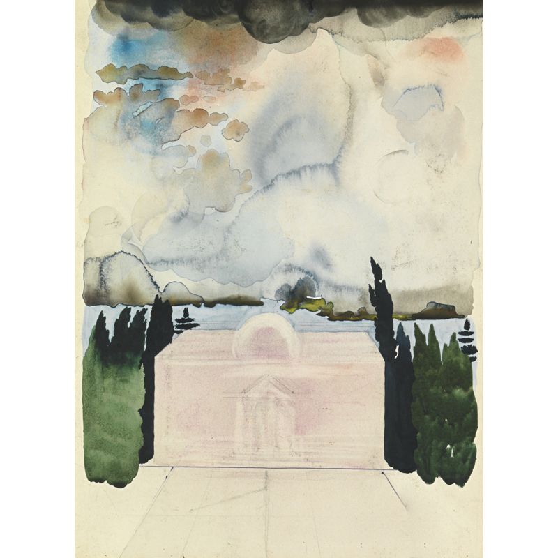 Surreal Church Landscape Painting Mural in Green Moisture Resistant Wall Decor, Custom Size
