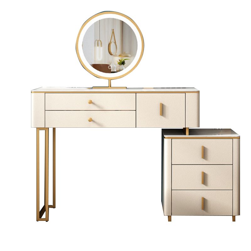 Stone Top Vanity Desk with 6 Drawers, Metallic White/Grey, 15.75" D x 30.71" H