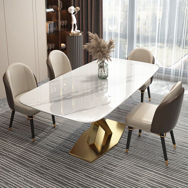 Rectangle Traditional Luxury Dining Table White Sintered Stone Table with Metal Pedestal Base