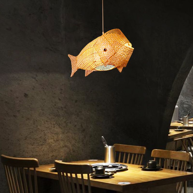27.5" Wide Japanese Style Carp Hanging Light Bamboo Weaving Creative 1-Light Pendant for Restaurant