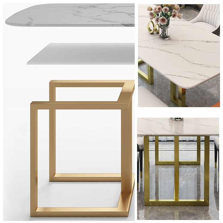 Rectangle Traditional Luxury Dining Table White Sintered Stone Table with Gold Double Pedestal