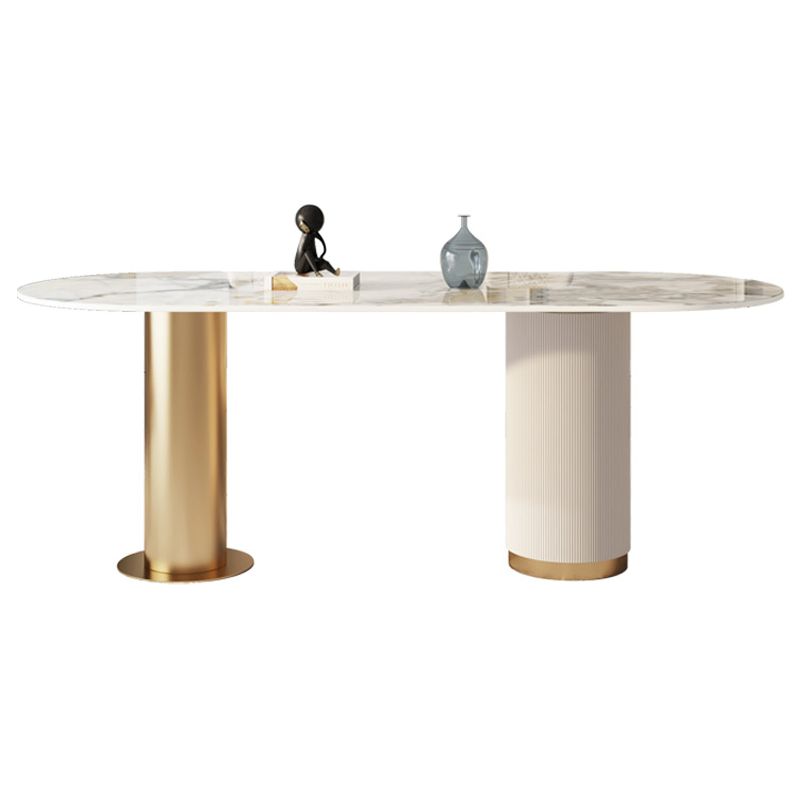 Traditional Luxury Sintered Stone Top Dining Table in White Oval Table with Double Pedestal