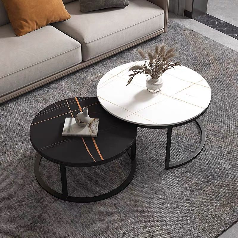 Modern Style Round Black and White Slate Top Nesting Coffee Table