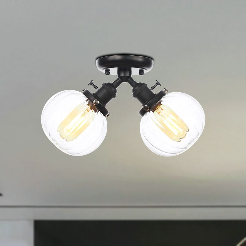 Amber/Clear Glass Ball Semi Flush Light Industrial Style Style 2 Heads Black/Bronze Affermazione per il ristorante