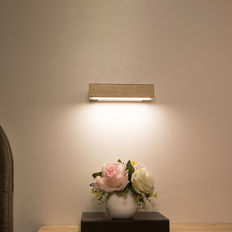 Log Color LED Wall Sconce in Modern Concise Style Wrought Iron Rectangular Rotatable Wall Lamp with Wooden Shade