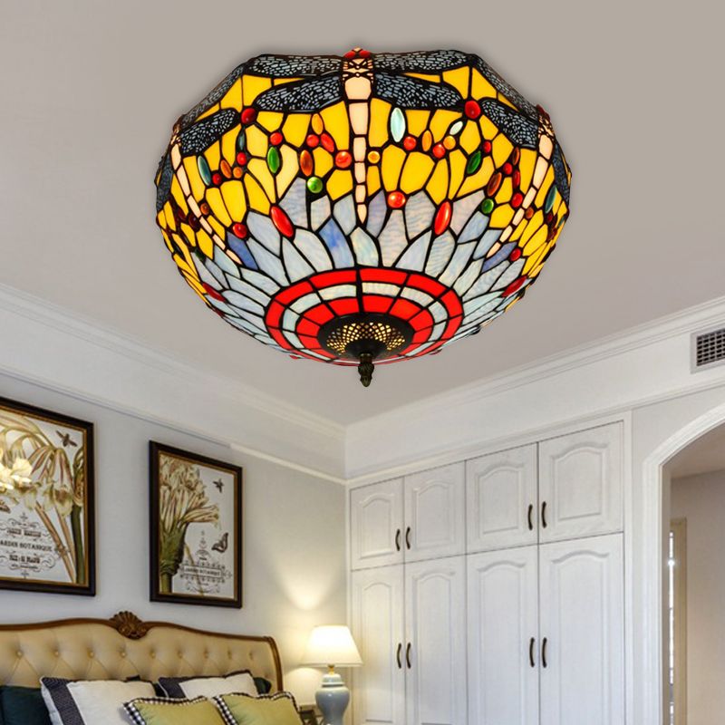 3 Heads Living Room Ceiling Mounted Fixture Tiffany Red/Yellow/Orange Flush Mount Lamp with Dragonfly Stained Glass Shade