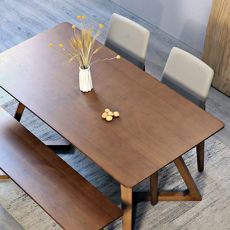 Modern Solid Wood Brown Dining Table Rectangle Shape Dining Table with Double Pedestal Bases