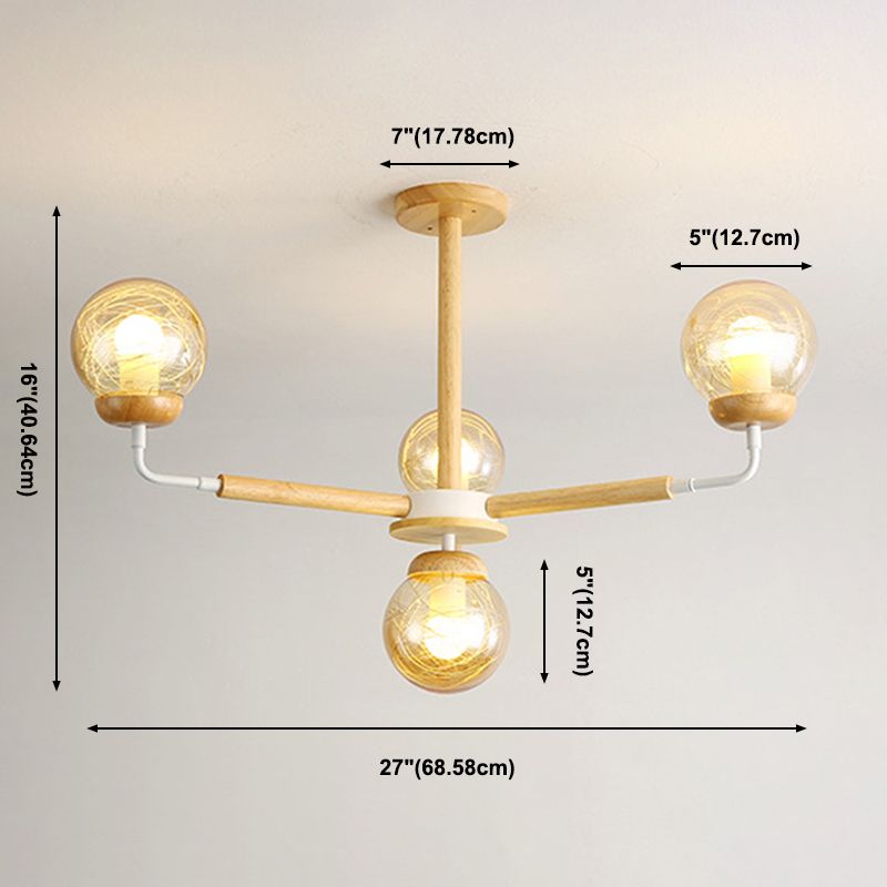 Minimalist Globe Chandelier Wooden 4-Light Bedroom Suspension Light with Glass Shade