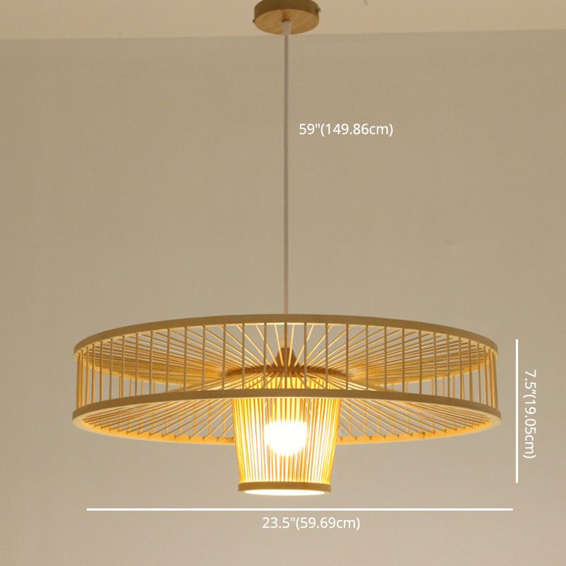 Asian Style Bamboo Weaving Suspension Light Single Bulb Creative Hanging Lighting Fixture in Beige