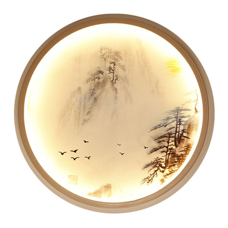 Iluminación de pared circular blanca lámpara mural metálica de estilo asiático con pino y patrón de pájaros